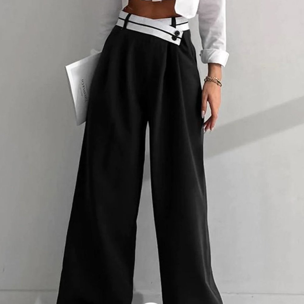Commense Asymmetrical Waistband Wide Leg Pants - Black